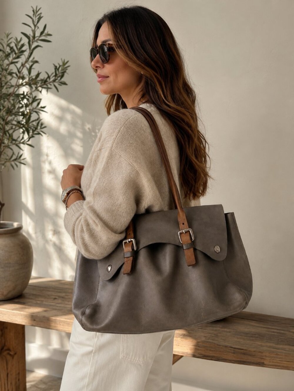 M0851 Buffalo Gray Brown Soft Leather Shoulder Bag Canada Minimalist